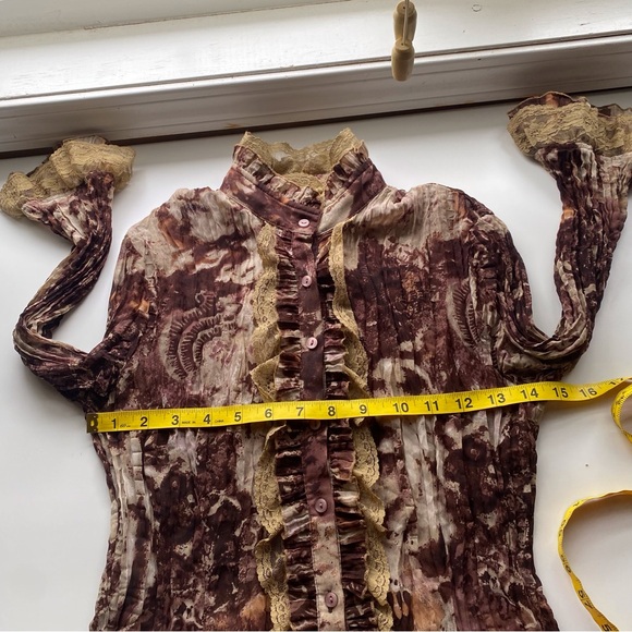 Y2K Lloyd Williams Blouse Woman Small Crinkle Sheer Lace Bell Sleeve Forestfairy - Picture 12 of 16